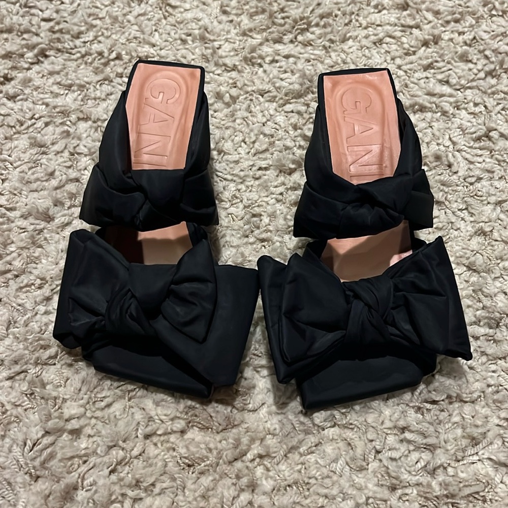 Ganni Black Soft Bow Kitten Heel Sandals Mule Size 7 - Picture 2 of 6